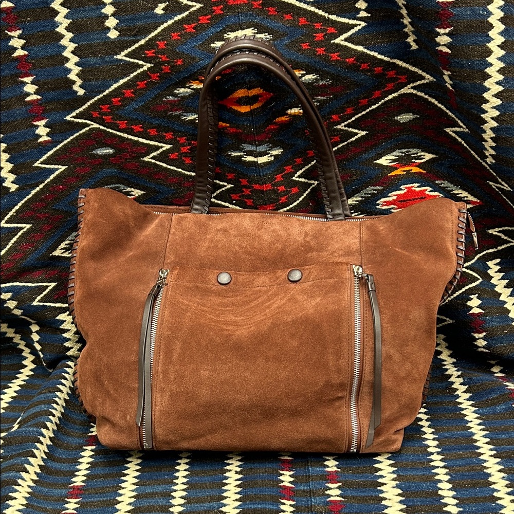 All Saints Fleur de Lis East West Brown Suede Tote Bag